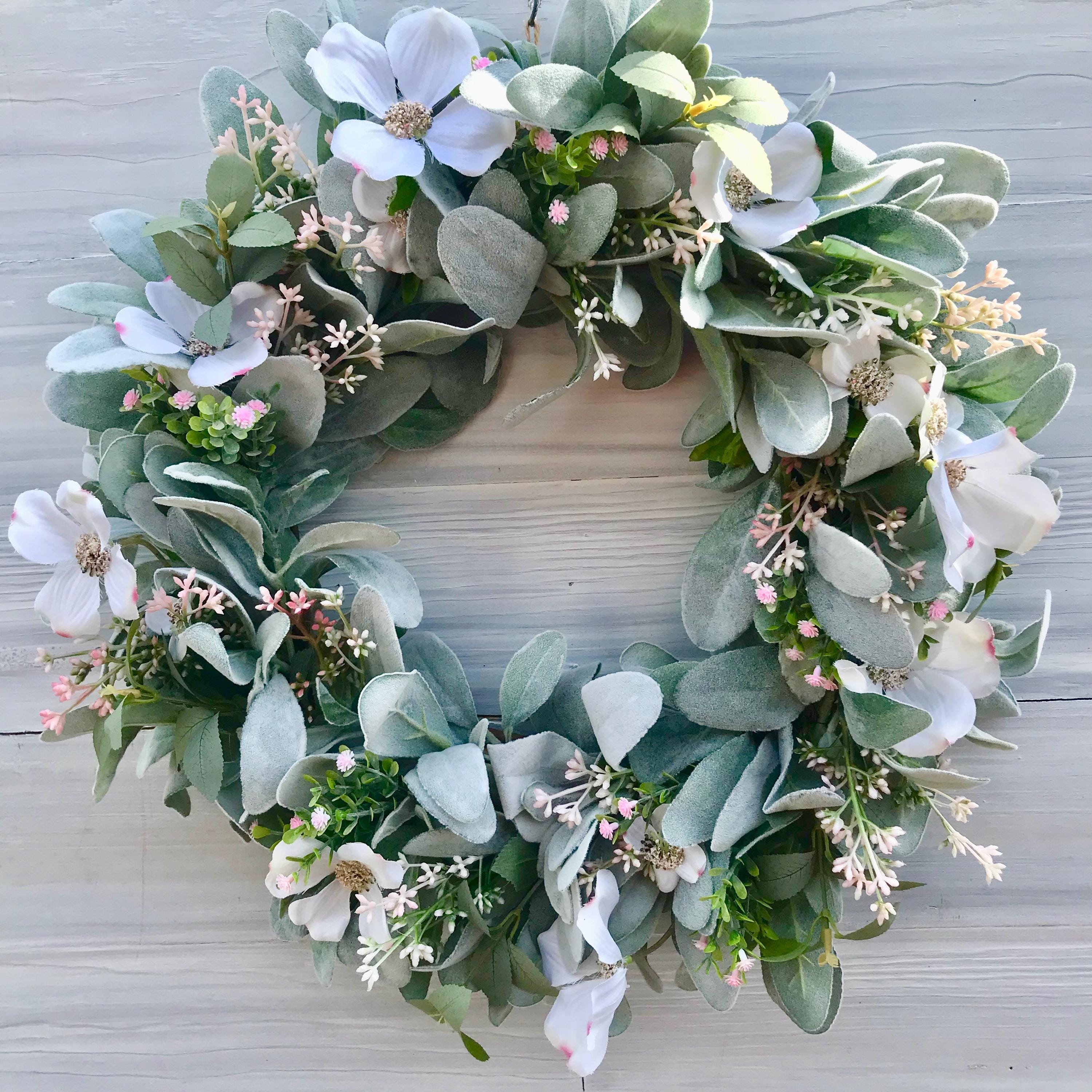 Spring and Summer Lamb's Ear and White Blossoms Wreath for Front Door ...