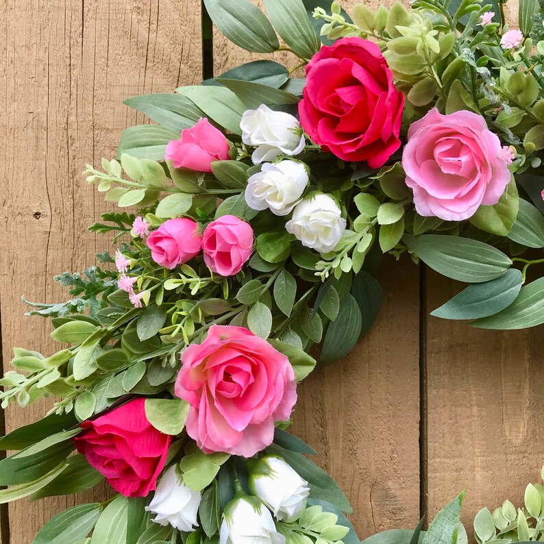 Spring/ Summer Pink Rose and Eucalyptus Wreath for Front Door, Romantic, Valentines Day Floral Wreath, Mother's Day Gift, Easter, Cottage image 6