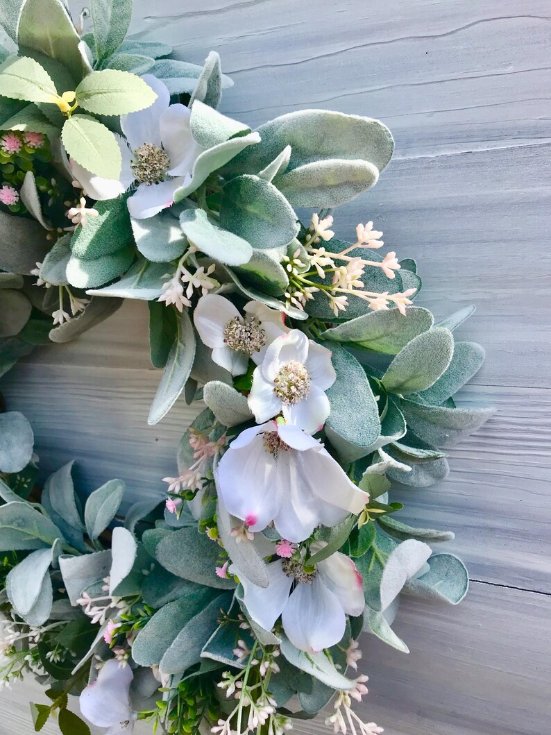 Spring and Summer Lamb's Ear and White Blossoms Wreath for Front Door ...