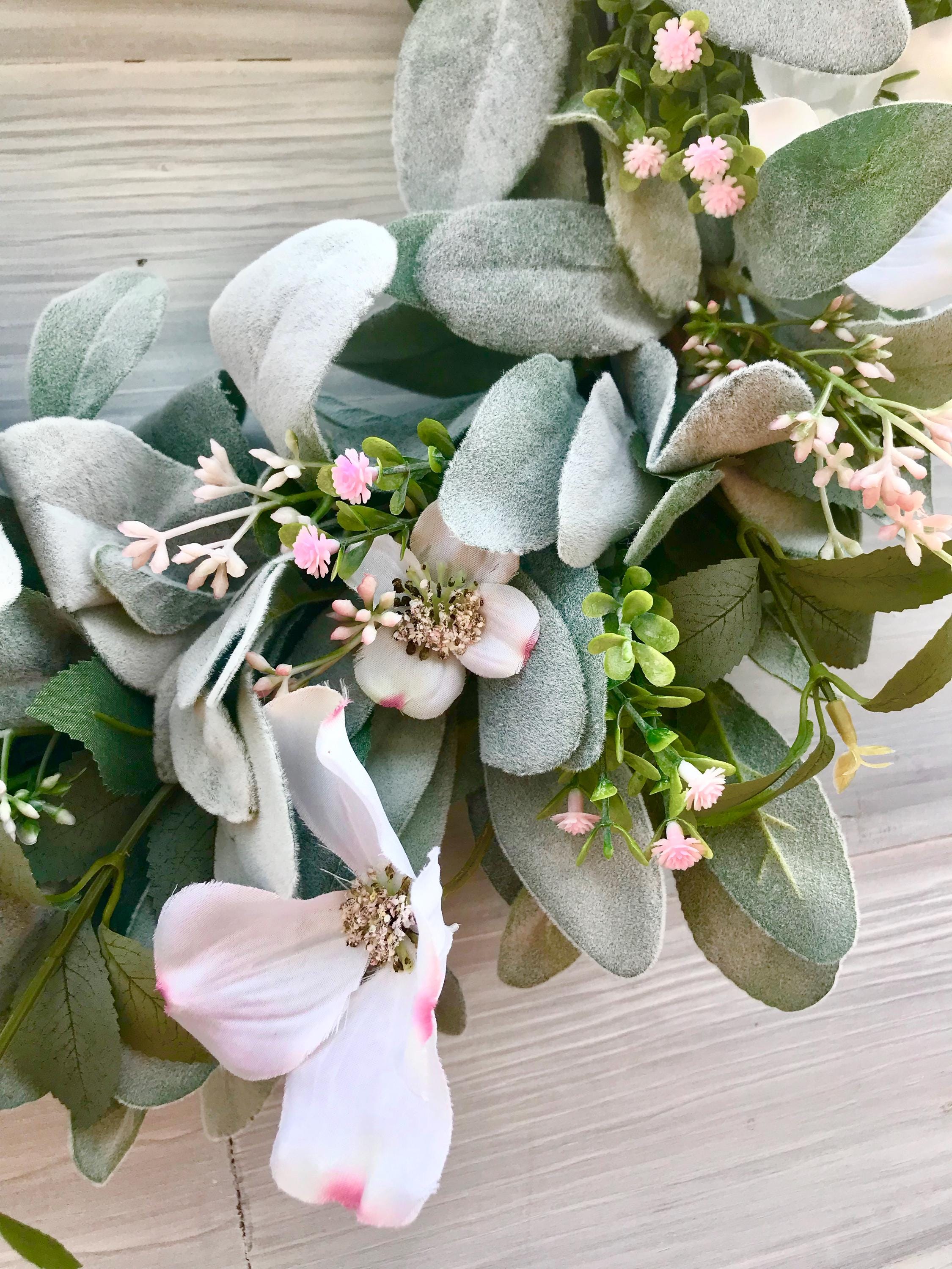 Spring and Summer Lamb's Ear and White Blossoms Wreath for Front Door ...