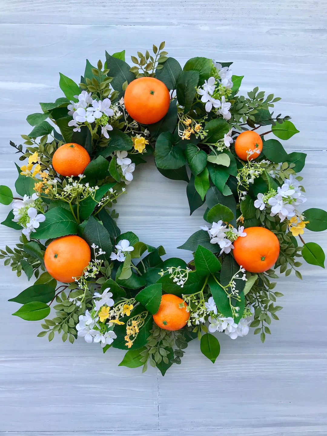 Orange Wreath With White Flower, Summer Citrus Wreath for Front Door, White Hydrangea Wreath
