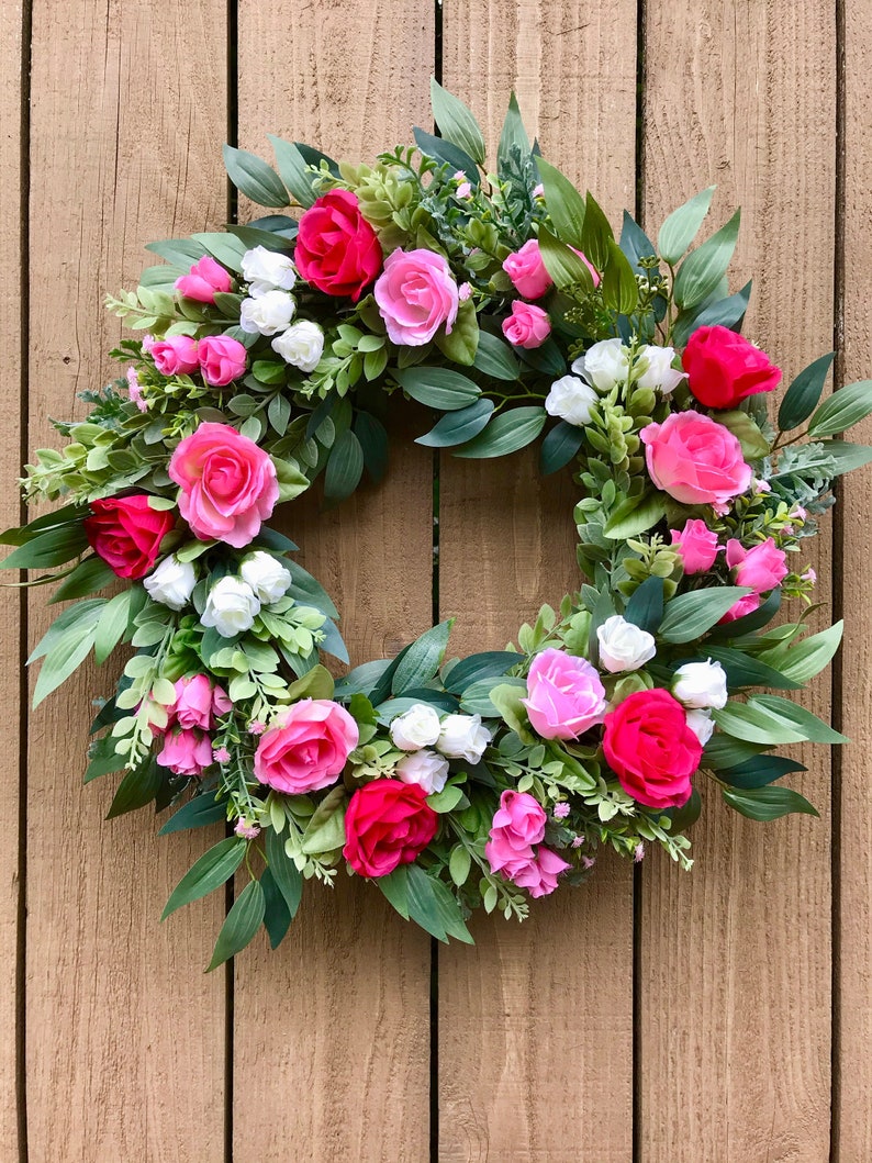 Spring/ Summer Pink Rose and Eucalyptus Wreath for Front Door, Romantic, Valentines Day Floral Wreath, Mother's Day Gift, Easter, Cottage image 1