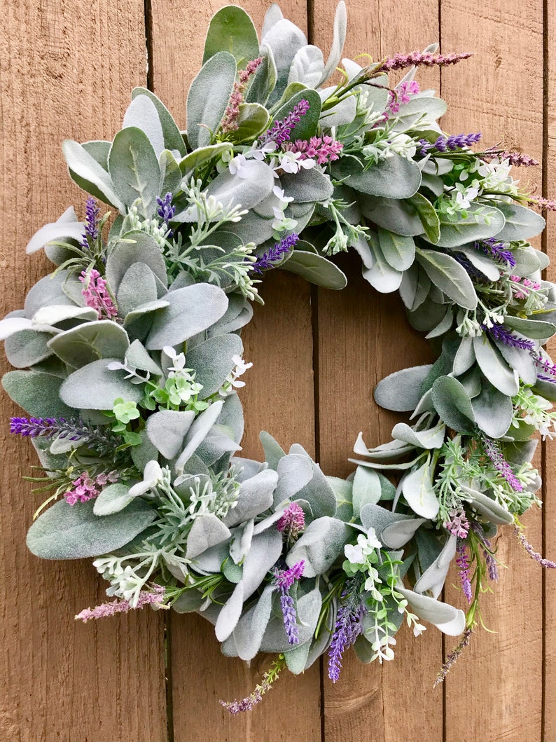 Lavender and Lambs Ear Wreath for Front Door, Farmhouse Sage Greenery ...