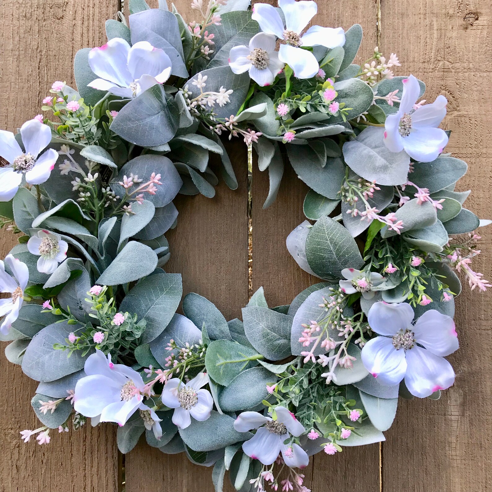 Spring and Summer Lamb's Ear and White Blossoms Wreath for Front Door ...