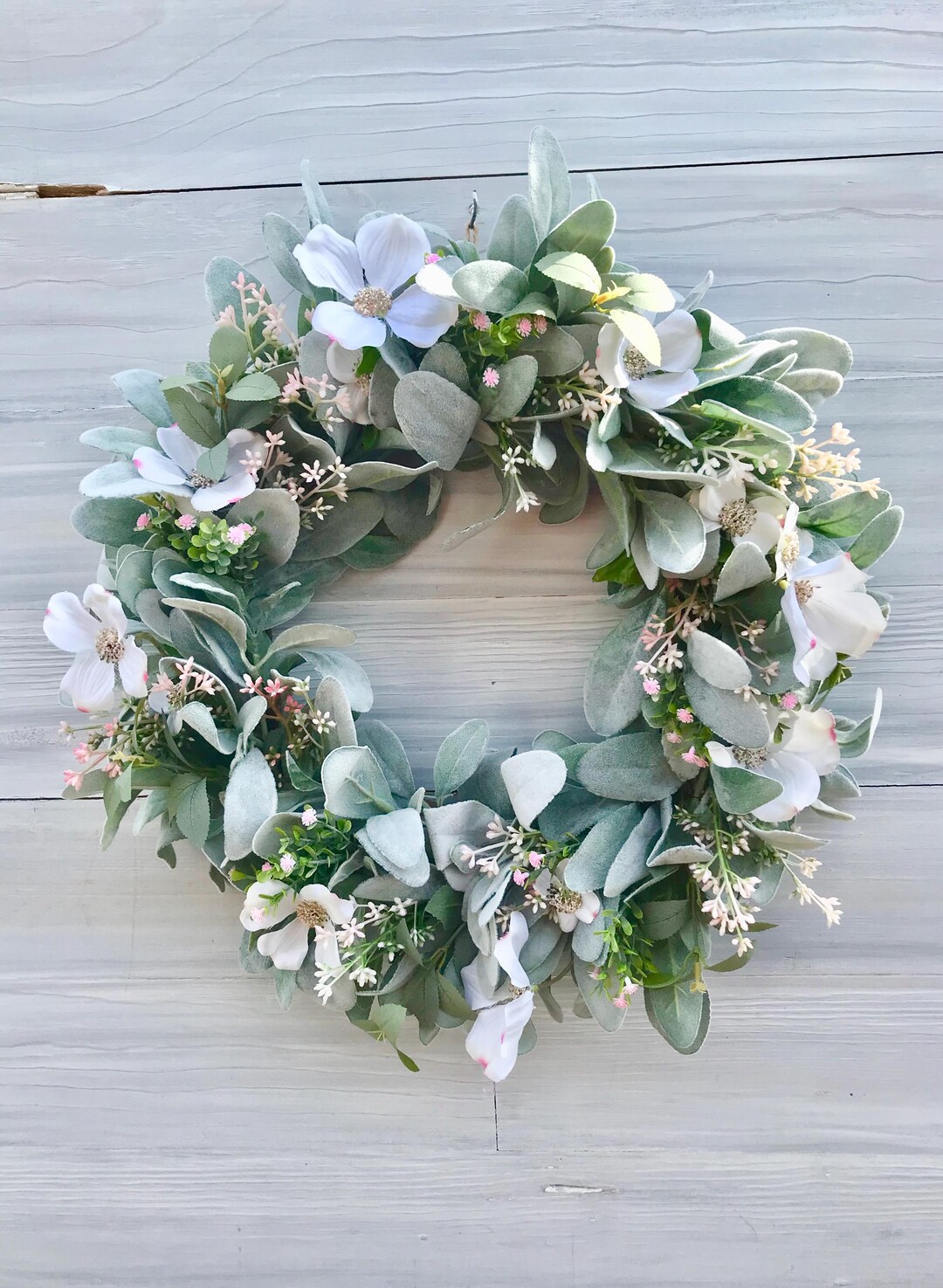 Spring and Summer Lamb's Ear and White Blossoms Wreath for Front Door ...