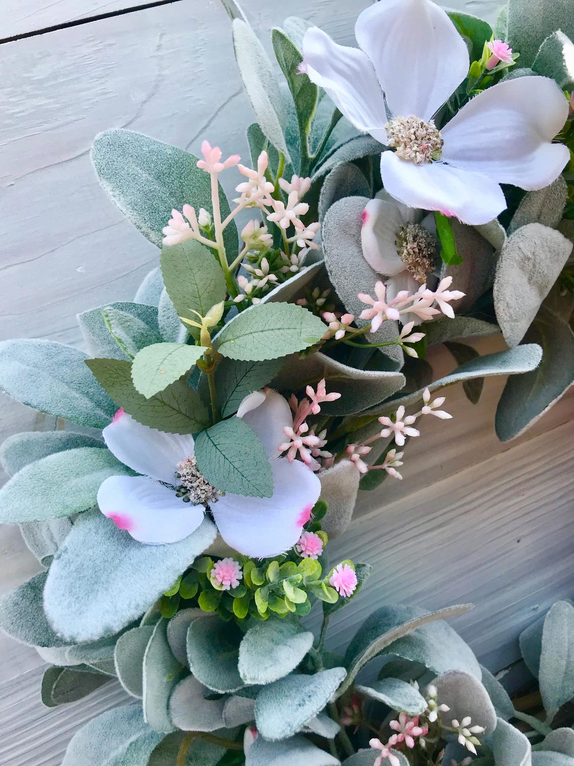 Spring and Summer Lamb's Ear and White Blossoms Wreath for Front Door ...