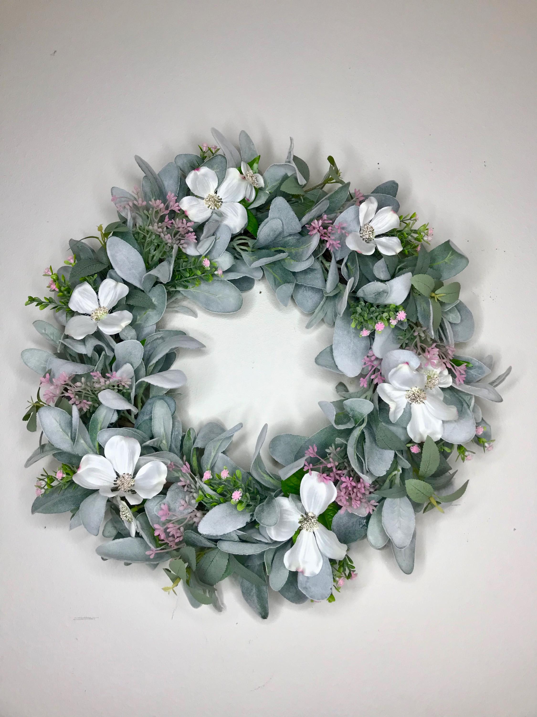 Spring and Summer Lamb's Ear and White Blossoms Wreath for Front Door ...