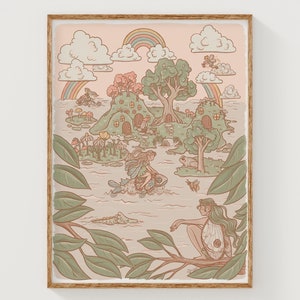 Mundo de hadas, impresiones infantiles extravagantes, arte de pared para niños, arte de pared de cuento de hadas, decoración de habitación infantil, ilustración dibujada a mano, impresión de alta calidad