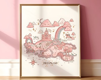 DreamLand Map Poster, Nursery Prints, Kids Wall Art Kids Room Decor, Fairytale Art, Children’s Room Decor, Pink Clouds, Wall Map Poster