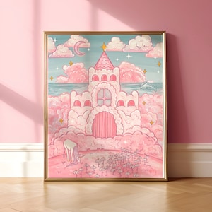 May include: A pink and white castle made of clouds with a unicorn in front of it. The castle has a pink door and windows. The sky is blue with white clouds and stars.