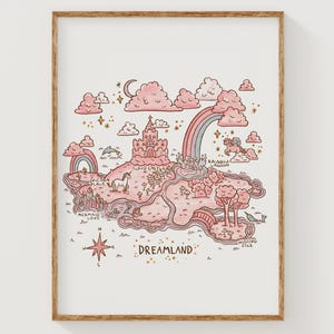 Affiche carte DreamLand, affiche en papier mat, art mural d'enfants, décoration pour chambre d'enfants, art mural conte de fées, décoration de chambre de bébé fille, carte du monde nuage arc-en-ciel