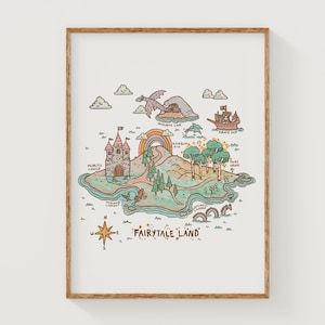 Mapa de cuento de hadas, impresiones infantiles extravagantes, arte de pared para niños, arte de pared de cuento de hadas, decoración de habitación infantil, ilustración dibujada a mano, impresión de alta calidad
