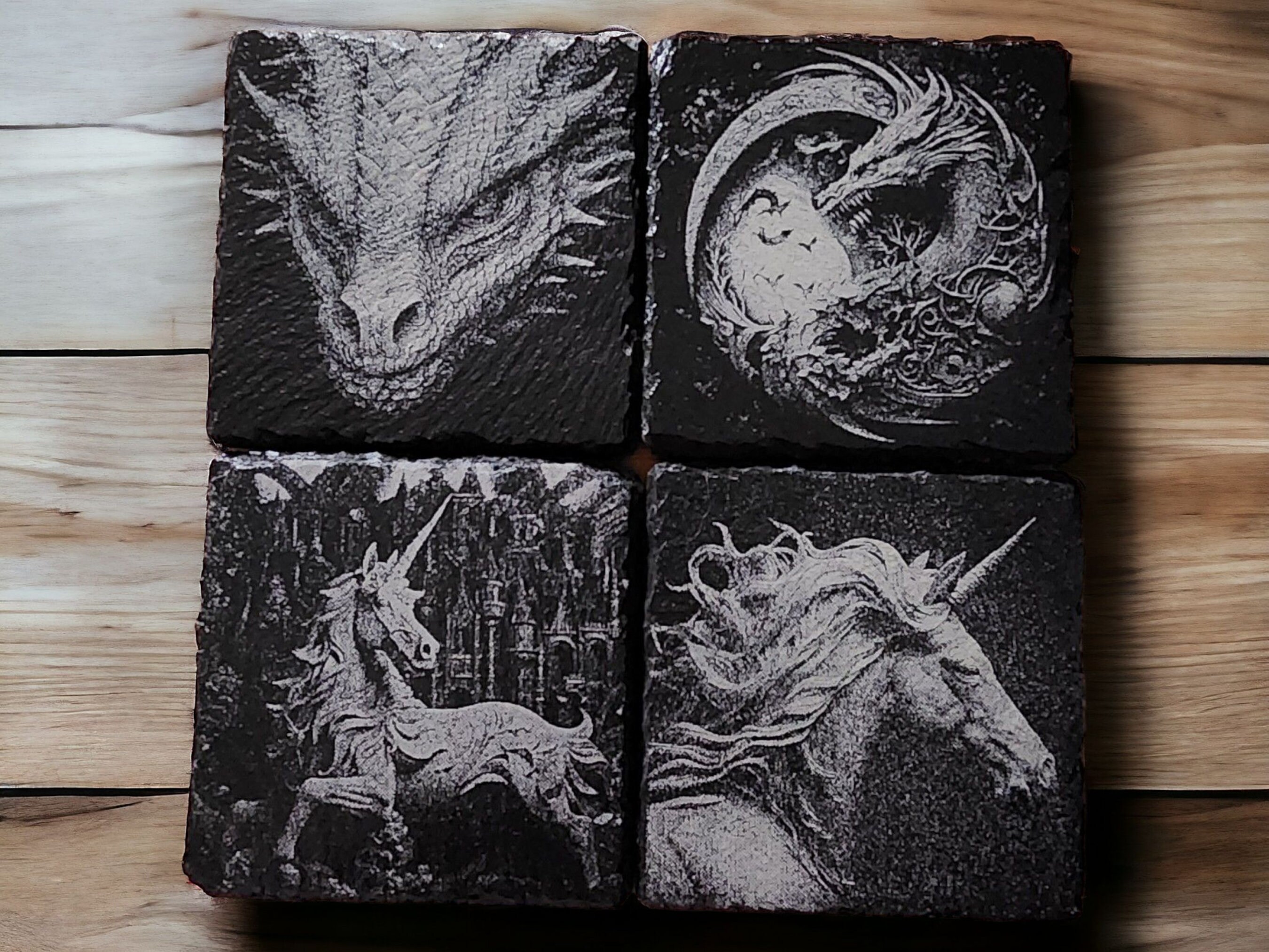 Set of FOUR Natural Slate Coasters - Dragons and Unicorns