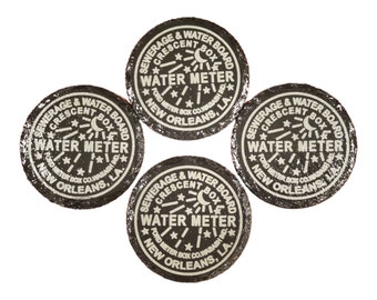 Set of FOUR Natural Slate Round or Square Coasters- New Orleans Sewerage and Water Board Meter Cover