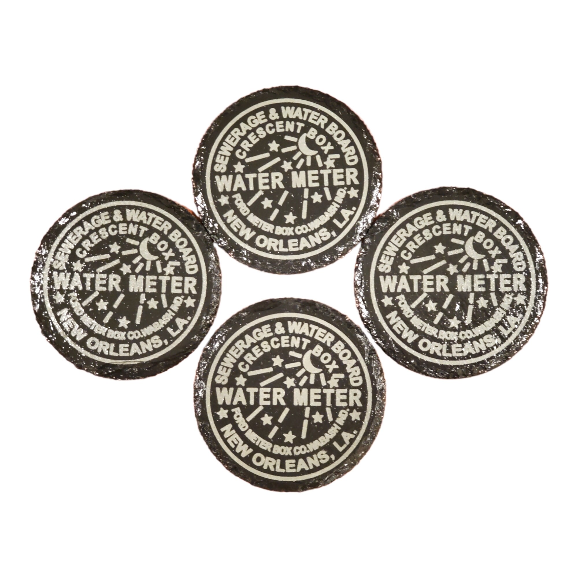 Set of FOUR Natural Slate Round or Square Coasters- New Orleans Sewerage and Water Board Meter Cover