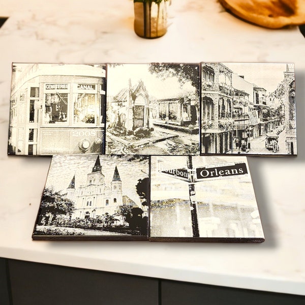 Set of Five (5) Black and White Ceramic Coasters - French Quarter Collection