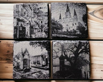 Set of FOUR Natural Slate Coasters - Around New Orleans