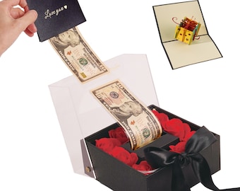 Ribbonbonbox Money Pull Out Flower Gift Box – Luxury Flower Box with Cash Box Insert – Unique Surprise Box for Valentines Day, Birthday Gift