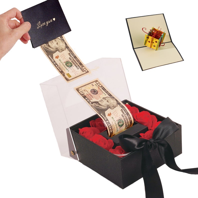 Ribbonbonbox Money Pull Out Flower Gift Box Luxury Flower Box with Cash Box Insert Unique Surprise Box for Valentines Day, Birthday Gift image 1