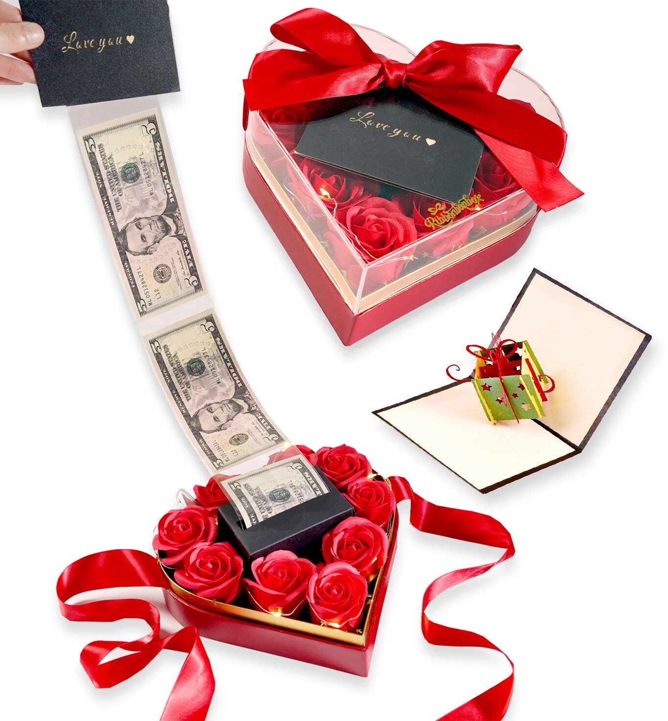 Ribbonbonbox Money Box for Cash Gift Pull Heart Box Unique Gifts for