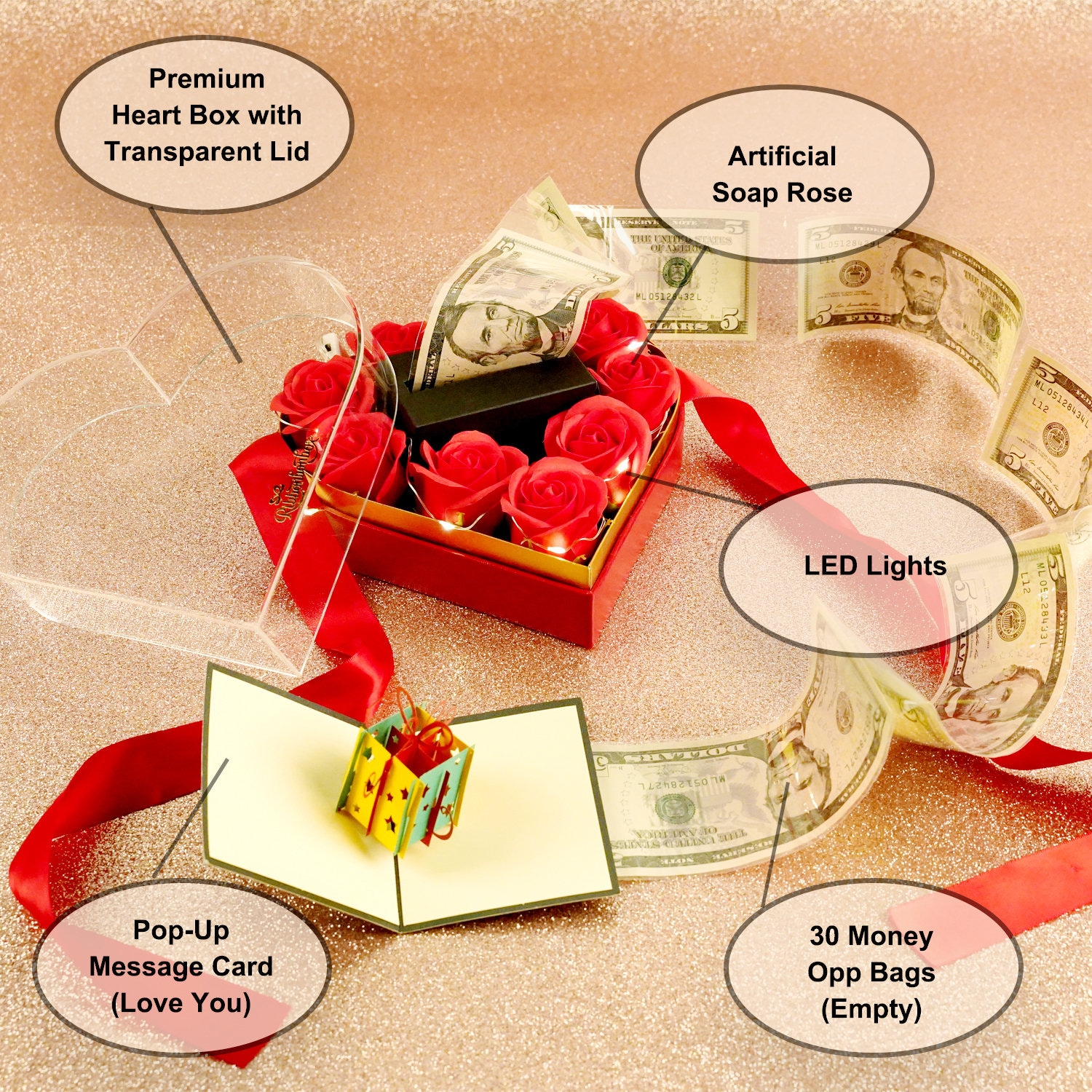 Ribbonbonbox Money Box for Cash Gift Pull Heart Box Unique Gifts for