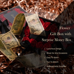 Ribbonbonbox Money Pull Out Flower Gift Box Luxury Flower Box with Cash Box Insert Unique Surprise Box for Valentines Day, Birthday Gift image 2