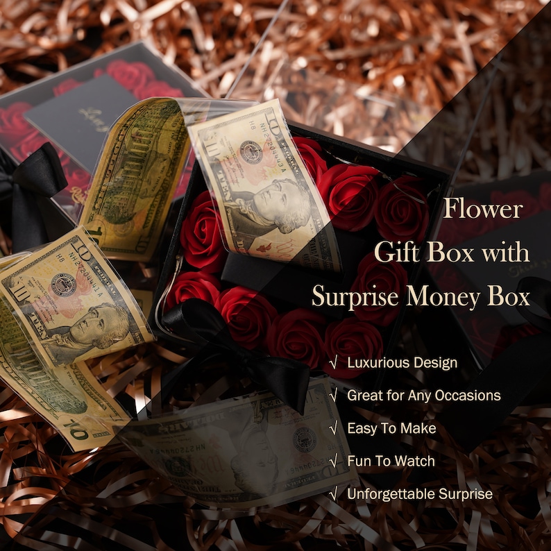 Ribbonbonbox Money Pull Out Flower Gift Box Luxury Flower Box with Cash Box Insert Unique Surprise Box for Valentines Day, Birthday Gift image 2