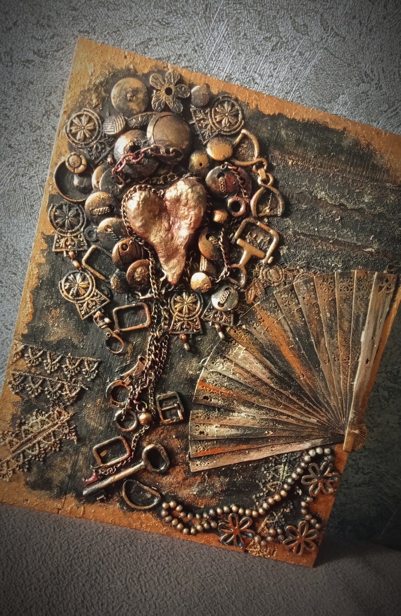 Steampunk Abstract Wall Art Steampunk Collage Panel Metal Heart Industrial Wall Decor Vintage