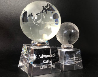 Optical Crystal World Globe Trophy Award with Clear Cube Base - Personalised Engraving- Gift Boxed- comes in 3 sizes