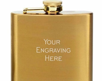 Gold Flask - Engraved flask, Personalized flask, Gift- 6oz Flask Satin Brass