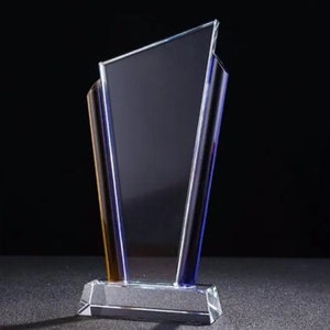 Blue / Yellow Glass Award Trophy - Personalised Engraving - Gift Boxed
