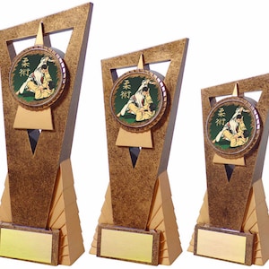 Op de afbeelding: Drie goudkleurige trofeeën van verschillende formaten. Elke trofee heeft een cirkelvormig embleem met een vechtsportscène en Japanse karakters. De trofeeën hebben een geometrisch ontwerp met een leeg rechthoekig plaatje aan de basis.