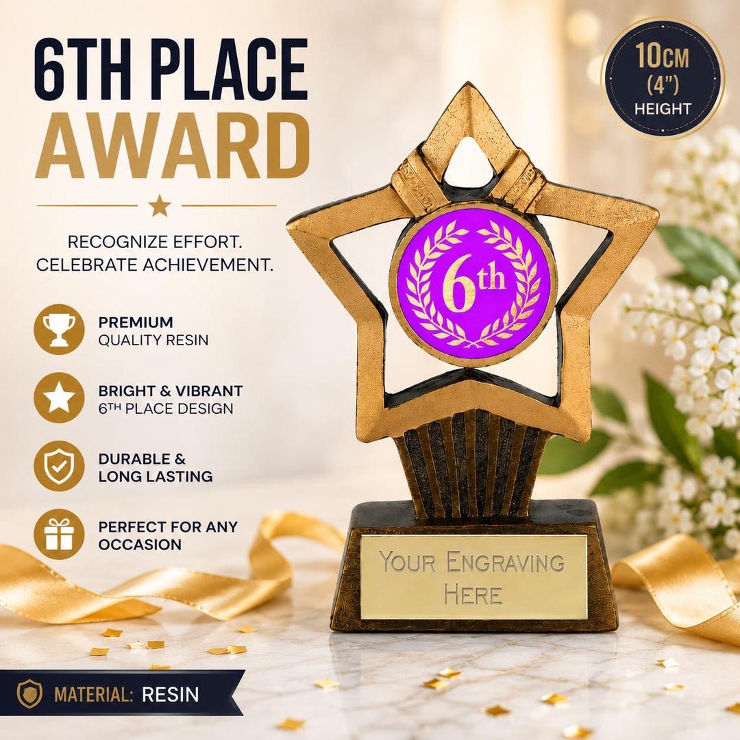 6th Place Sticker Personalised 6th Place Award Trophy – Custom Engraved Resin Star Award ...