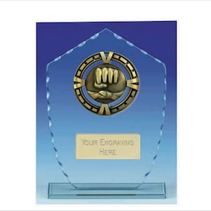 Op de afbeelding: Een blauwe glazen award-plaquette met een gouden vuist-embleem en ruimte voor gravering. De tekst "Your Engraving Here" staat op de plaquette.