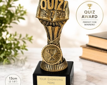 Quiz Award Trophy – Personalised Trivia Champion Prize, Custom Engraved 13cm Resin Award