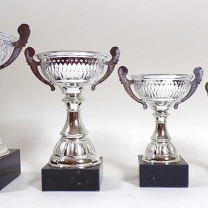 Pode incluir: Quatro taças de troféu prateadas com bases pretas. As taças são de tamanhos diferentes e têm um design clássico com uma tigela redonda e uma base estriada.