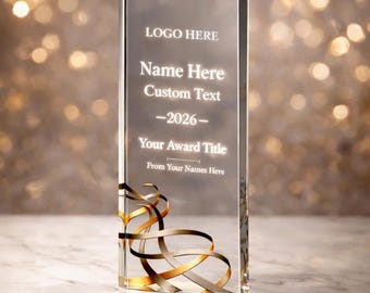 Personalised Glass Award Trophy – Engraved Ribbon Design