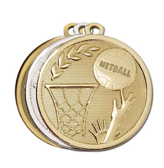 Pack 100x Netball medallas de metal 40mm y cintas propio logotipo texto trato a granel Oro 