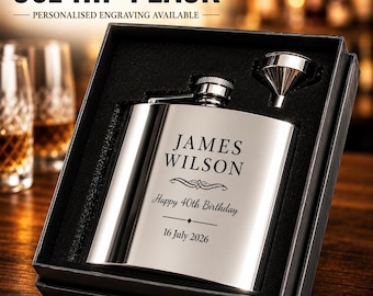 Personalised 6oz Hip Flask Gift Set, Engraved Stainless Steel Flask in Presentation Box
