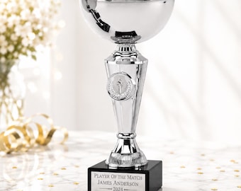May include: A silver-colored trophy cup featuring a wide bowl, a central emblem of a torch surrounded by a laurel wreath, and a black rectangular base. The base displays a metal plate engraved with the text Player Of The Match James Anderson 2024.