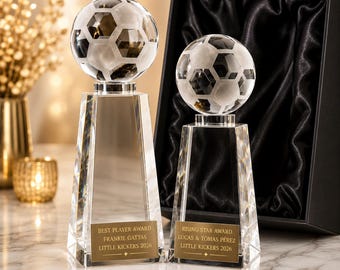 Può includere: Due trofei da calcio in cristallo trasparente con basi affusolate. Il trofeo a sinistra misura 19 cm con una targa BEST PLAYER AWARD FRANKIE GATTAS LITTLE KICKERS 2026. Il trofeo a destra misura 16 cm con una targa RISING STAR AWARD LUCAS & TOMAS PEREZ LITTLE KICKERS 2026.