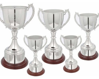 Coppa del trofeo placcata in nichel - Incisione personalizzata - Su base rotonda in legno