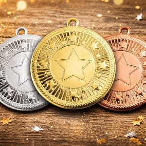 Medalla Estrella - Personalizada - Medalla Personalizada - 50 MM (2") - Grabable - medallas de oro, plata y bronce