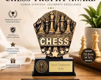 May include: A bronze-colored resin chess trophy featuring a relief of chess pieces and the word CHESS. The trophy stands on a black base with a circular emblem and a gold-colored plate for engraving. It measures 12.5 cm or 4 7/8 inches in height.