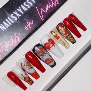 Coca Cola & Santa Pin Up set of press on nails, Christmas, festive, holidays, gift, present, new years, glue on nails, manicure, vintage