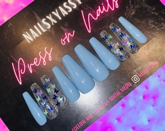 Butterfly Blue  Set of  Press on Nails | Glue On Nails | Coffin | Stiletto | Square | Press On Nails| Fake Nails Glue On 10 Pc Set