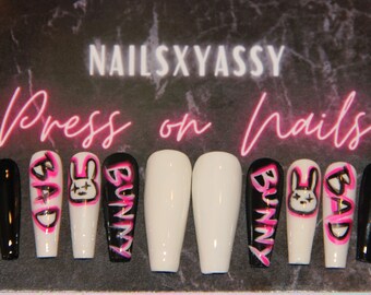 Bad Bunny inspired nails | Press on Nails | Glue On Nails | Coffin | Stiletto | Square | Press On Nails| Fake Nails |Mothers day gift