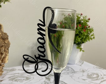 Schwarze Hochzeitstischmarkierer, personalisierte Namensschilder für Getränke, Party Deko Idee Champagner und Weinglas, Namensschilder, Getränkehalter