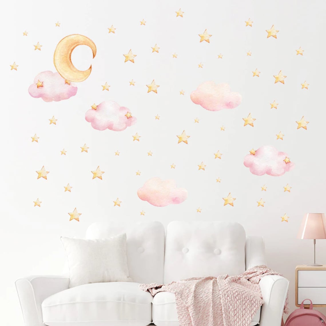 Pink Clouds and Gold Stars Kids Wall Stickers Girl Bedroom Etsy