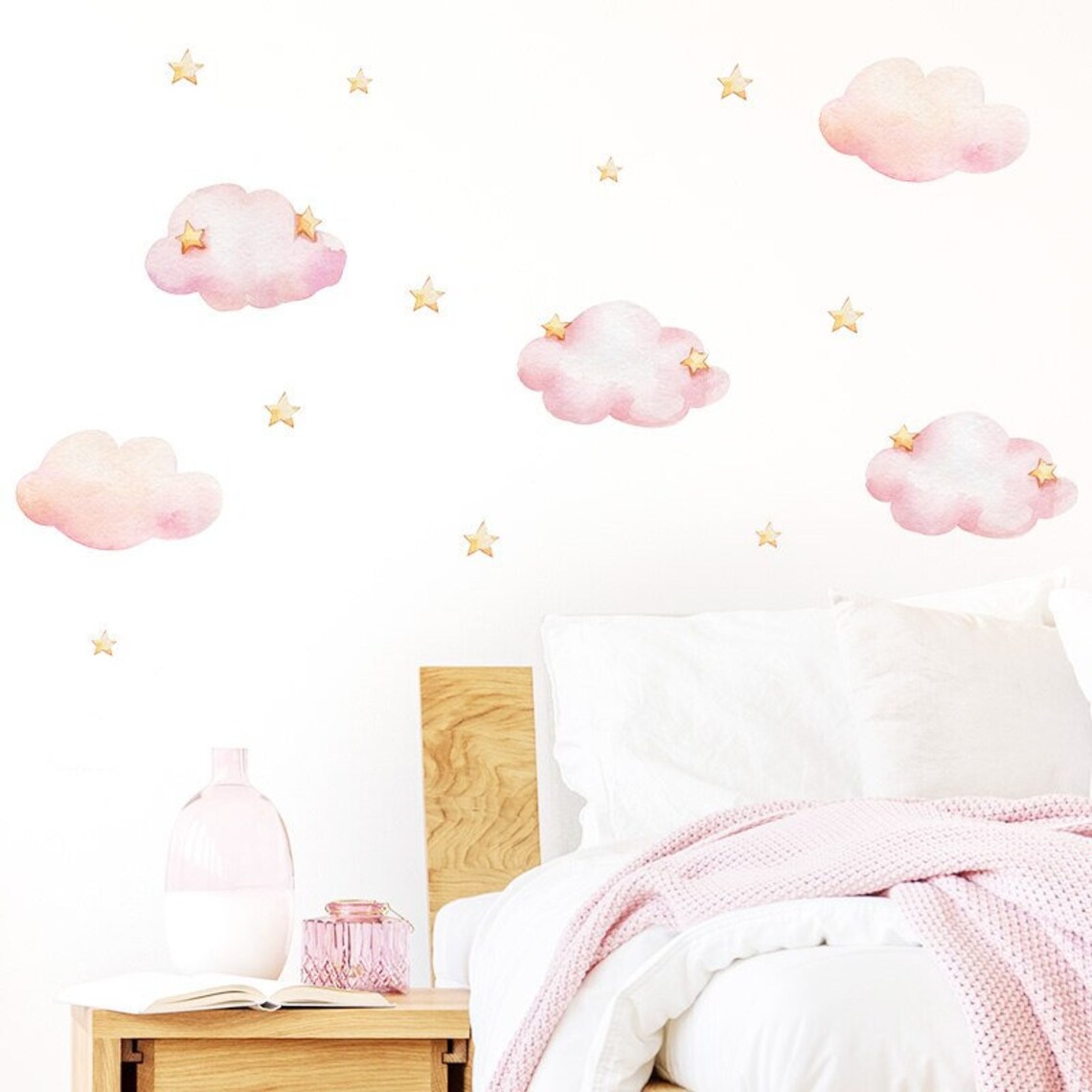Pink Clouds and Gold Stars Kids Wall Stickers Girl Bedroom Etsy